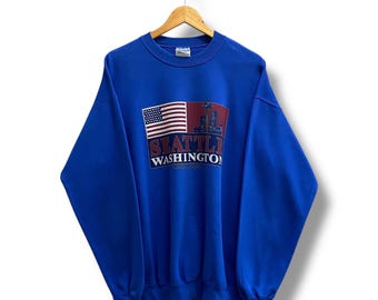 Moletom azul vintage Y2K Seattle Washington GRANDE com gola redonda Seattle Washington Suéter pulôver com estampa da cidade de Washington