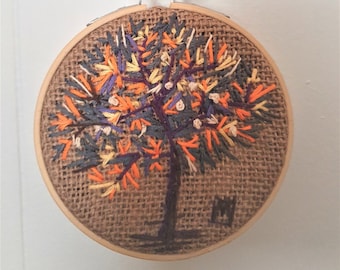 Embroidery, Small hoop tree, Home decoration or perfect as a small gift. Freeform embroidery. Warm colours perfect for Autumn