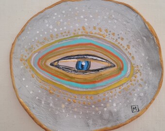 handmade trinket bowl, dish. Air dry clay, original artwork. Great gift idea. Evil eye design.