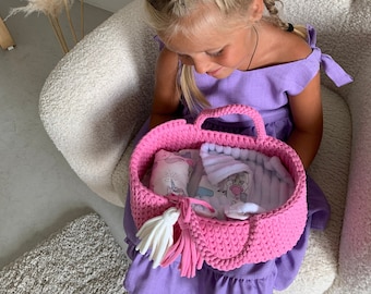 Doll bed, baby doll crib, doll cradle, dollhouse bed crochet basket, 2nd birthday gift, baby girl gift