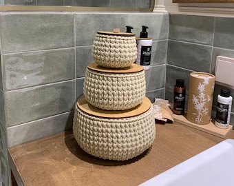 Gehaakte manden, ronde opbergmand, badkamermanden met deksel, moderne opbergmanden voor thuis, cadeau voor vrouwen, sieradenmand