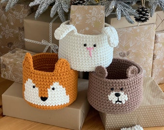 Bear basket, storage basket, Animal basket, mini space-saving, woodland for nursery, Bear nursery decor, knit bear bin, fox basket, rebbit