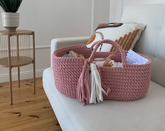 Woven doll basket, toy rocking cradle, crochet doll bassinet, boho nursery, toy for kids, birthday girl gift, baby room decor