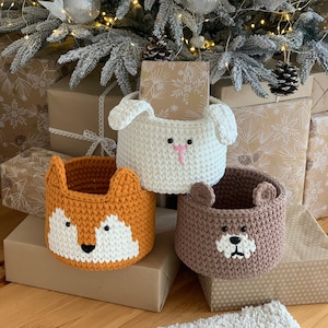 Animal toy storage, bear fox rabbit basket, crochet organizer in baby room, cute handmade basket, christmas gift for stepdaughter