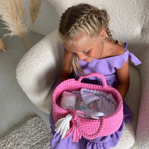 Doll bed, baby doll crib, doll cradle, dollhouse bed crochet basket, 2nd birthday gift, baby girl gift