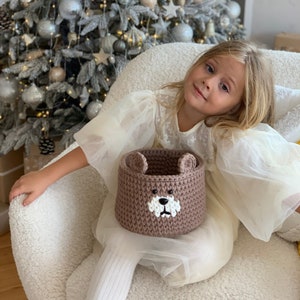 Handmade crochet bear basket, woodland nursery decor, christmas gift for daughter, storage organizer, toy basket