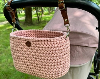 Woven stroller organizer, baby carriage bag, diaper bag, pram caddy, gift for new mom, stroller accessories, storage basket