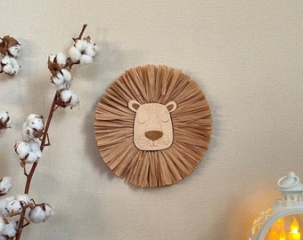 Lion face raffia wall hanging, straw nursery decor, safari jungle nursery, lion head boho kids room decor, baby shower gifts