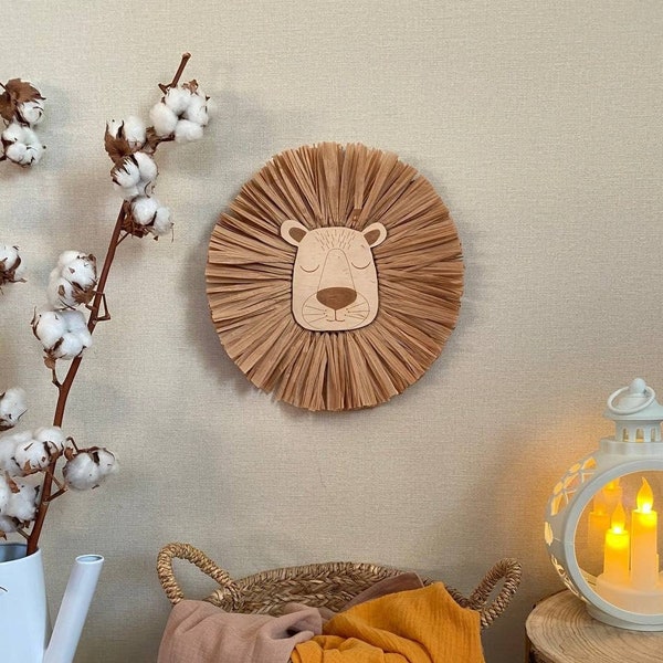 Colgante de pared de rafia con cara de león, decoración de guardería de paja, guardería de jungla de safari, decoración de habitación infantil bohemia con cabeza de león, regalos para baby shower