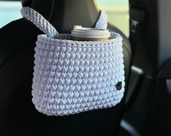White crochet car organizer, car trash bag, cute car basket, auto storage, car essentials, women car accessories, car decor aesthetic