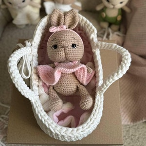 Crochet basket with bunny, amigurumi toys, mini crochet cradle, boho handmade rabbit, woven toys for kids, child easter gift