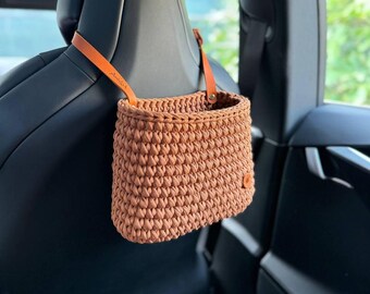 Virkad bilkorg, bildekorationsestetik, mini-bilväska, present till bilälskare, sopsäck för nackstöd, förvaringsväska, biltillbehör för kvinnor