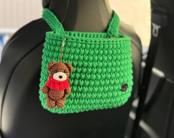 Kids crochet car storage, car trash can, hanging car basket, cute car caddy, woven car organizer, car interior decor, car travel bag