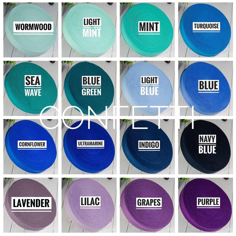 May include: A collection of 16 spools of colourful ribbon, each with a different colour and name. The colours include: wormwood, light mint, mint, turquoise, sea wave, blue green, light blue, blue, cornflower, ultramarine, indigo, navy blue, lavender, lilac, grapes, and purple.