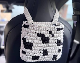 Boho crochet car organizer, girly car decor, hanging storage bag, beige car caddy, car trash can, car accessories for women, crochet basket