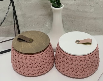 Cesta de crochê, suporte para bolas de algodão, cesta redonda, organizador de porta-maquiagem, cesta de crochê com tampa, cestas de quarto