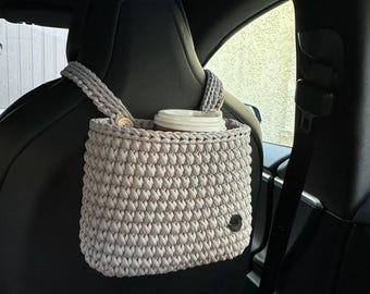 Boho crochet car organizer, girly car decor, hanging storage bag, beige car caddy, car trash can, car accessories for women, crochet basket