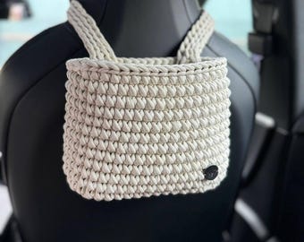Boho car accessories for women, crochet car basket, woven storage basket, car trash bag, car gifts, cute car organization, car decor
