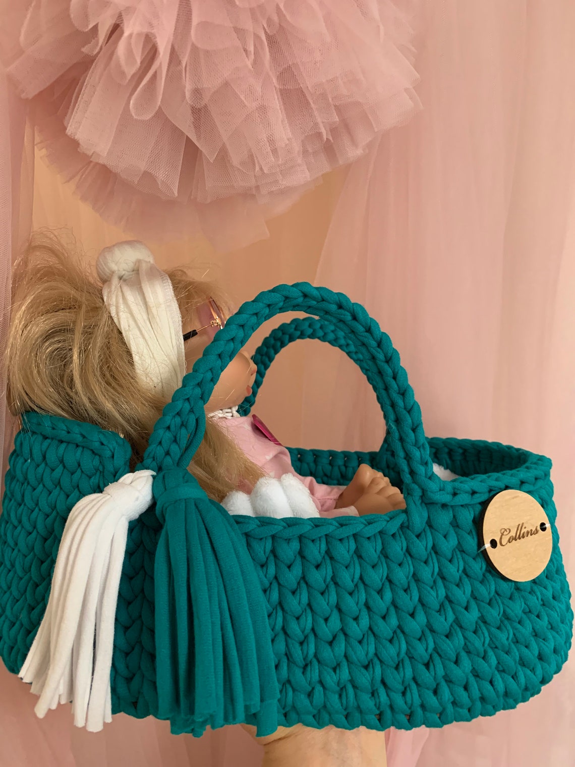 Doll moses basket with bedding set doll cradle green Etsy