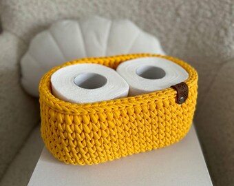 Knitted cosmetic organizer, oval handmade basket, crochet toilet paper holder, mother day gift, bathroom organizer, storage basket