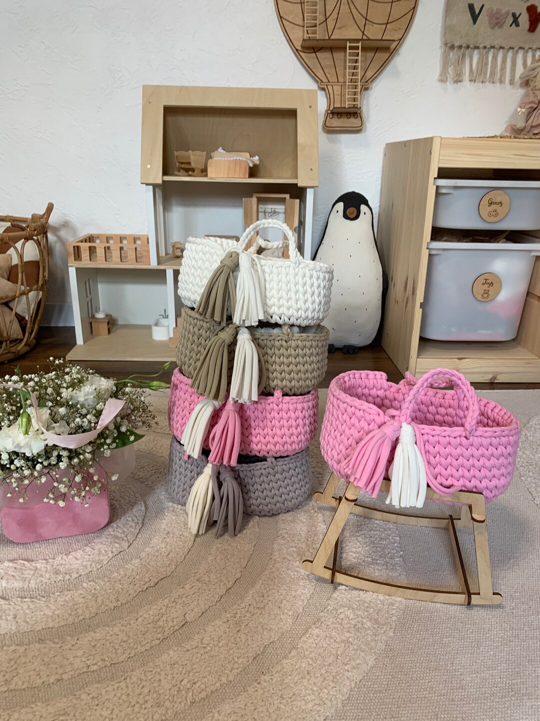 Crochet Doll Basket, Soft Doll Carrier, Wicker Doll Cradle, Toy Cradle