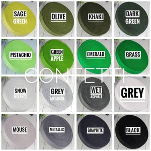 May include: A collection of 16 different coloured fabric rolls, each with a different colour and name. The colours include sage green, olive, khaki, dark green, pistachio, green apple, emerald, grass, snow melange, grey melange, wet asphalt, grey, mouse, metallic, graphite, and black.