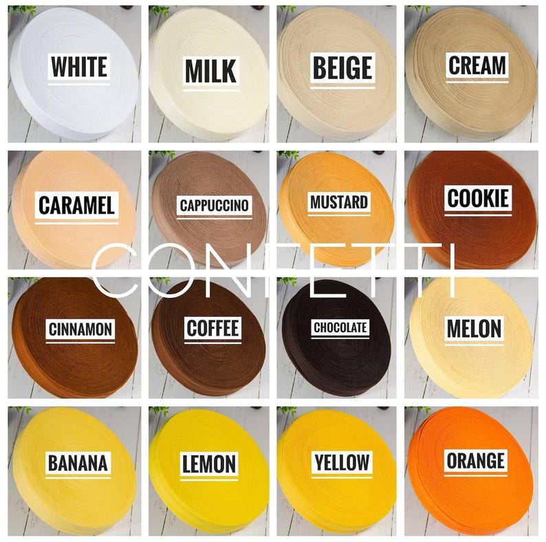 May include: A collection of 16 spools of elastic, each with a different colour and name. The colours include white, milk, beige, cream, caramel, cappuccino, mustard, cookie, cinnamon, coffee, chocolate, melon, banana, lemon, yellow, and orange.