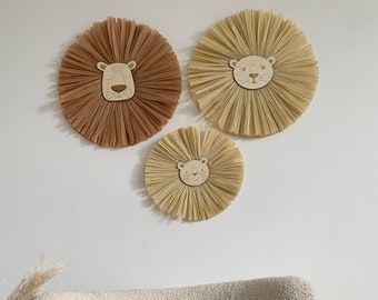 Decoración de pared de guardería de safari, decoración de jungla con cabeza de león, decoración de habitación infantil, decoración de guardería de bebé niño de rafia, arte de pared de safari, decoración de pared con cabeza de animal