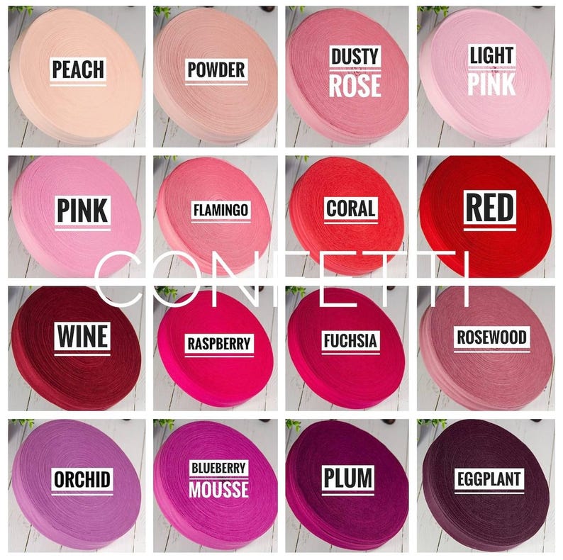 May include: A collection of 16 spools of colourful elastic ribbon, each with a different colour name printed on the spool. The colours include peach, powder, dusty rose, light pink, pink, flamingo, coral, red, wine, raspberry, fuchsia, rosewood, orchid, blueberry mousse, plum, and eggplant.