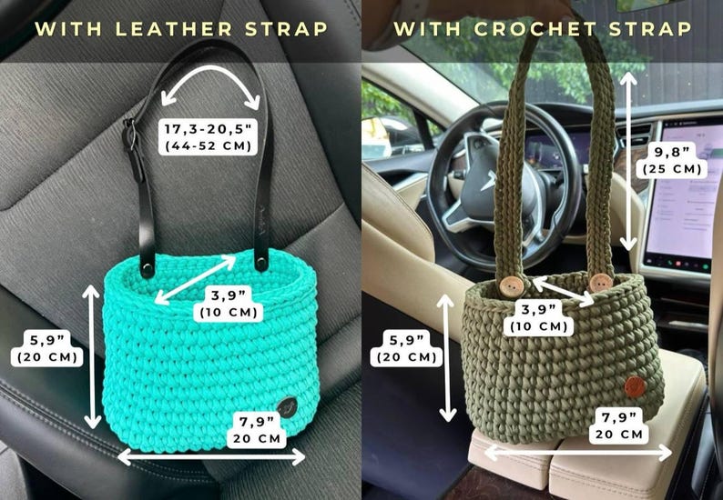 May include: Two crocheted car organizers with different strap options. The turquoise organizer has a black leather strap and measures 7.9 inches in diameter and 5.9 inches tall. The olive green organizer has a crocheted strap and measures 9.8 inches tall.
