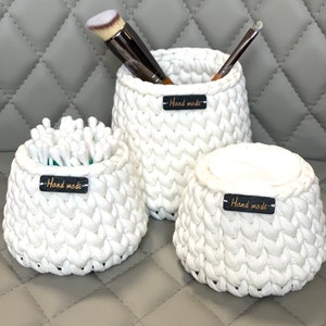Round storage basket set, cotton ball holder, qtip basket, makeup brush holder, bathroom organizer, bedroom storage, skincare organizer