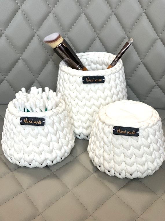 Round storage basket set, cotton ball holder, qtip basket, makeup brush holder, bathroom organizer, bedroom storage, skincare organizer