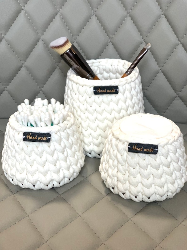 Round storage basket set, cotton ball holder, qtip basket, makeup brush holder, bathroom organizer, bedroom storage, skincare organizer