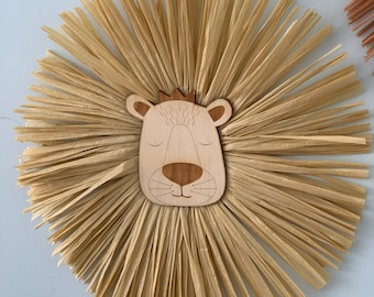 Decorazione per cameretta dei bambini con testa di leone in stile boho, decorazione da parete in rafia con volto di leone, cameretta dei bambini con tema safari nella giungla, decorazioni per cameretta dei bambini, decorazioni per cameretta dei bambini con tema safari, arte del leone, trofeo di leone