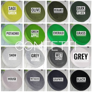 May include: A collection of 16 different colored fabric rolls, each with a descriptive name. The colors include sage green, olive, khaki, dark green, pistachio, green apple, emerald, grass, snow melange, grey melange, wet asphalt, grey, mouse, metallic, graphite, and black.
