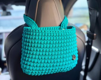 White crochet car organizer, car trash bag, cute car basket, auto storage, car essentials, women car accessories, car decor aesthetic