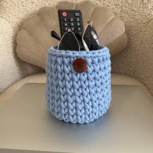 TV remote holder stand, round crochet basket, eyeglass holder, small storage basket, bedside organizer, nightstand keeper, gift for mom