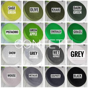 May include: A collection of 16 different colored fabric rolls, each with a different name printed on it. The colors include sage green, olive, khaki, dark green, pistachio, green apple, emerald, grass, snow melange, grey melange, wet asphalt, grey, mouse, metallic, graphite, and black.