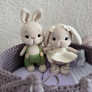 Twee gehaakte amigurumi konijnen, knuffels, knuffels, klein meisje cadeau, boho gebreide konijntjes, kindercadeau voor Pasen