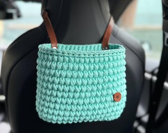 Accessori per auto da donna, sacco della spazzatura per auto all'uncinetto, organizzatore per seggiolino auto, simpatico contenitore per auto, cestino per auto sospeso, regalo di Natale, borsa per auto