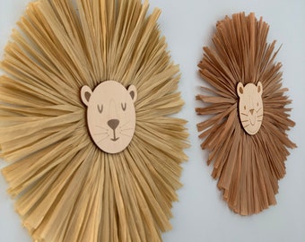 Decoración de vivero Boho cabeza de león, colgante de pared de rafia de cara de león, vivero de la selva de Safari, decoración de la habitación de los niños, decoración del vivero de Safari, arte del león, león trofeo