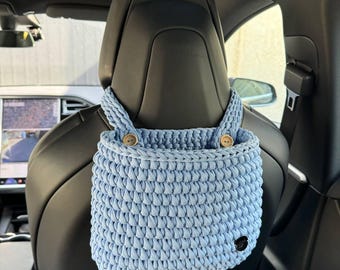Boho car accessories for women, crochet car basket, woven storage basket, car trash bag, car gifts, cute car organization, car decor