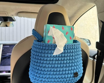 White crochet car organizer, car trash bag, cute car basket, auto storage, car essentials, women car accessories, car decor aesthetic