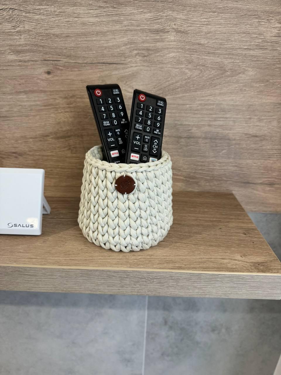 TV remote holder stand, round crochet basket, eyeglass holder, small storage basket, bedside organizer, nightstand keeper, gift for mom