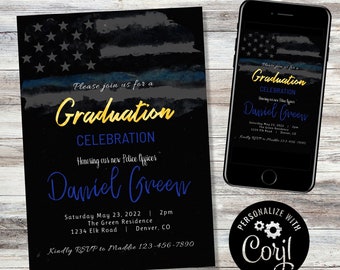 Police Officer Graduation Invitation with blue stripe flag.  Formal invite. EDITABLE in Corjl.  Print or send electronic invite.