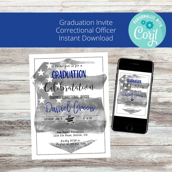 Correctional Officer Graduation Invitation Template | Badge and Gray Stripe | Blue | Print or send electronically | Digital Download Only