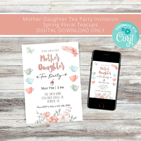 Mother Daughter Tea Party Invitation Template | Mother's Day | Pastel floral spring theme  | Print at home or send electronically