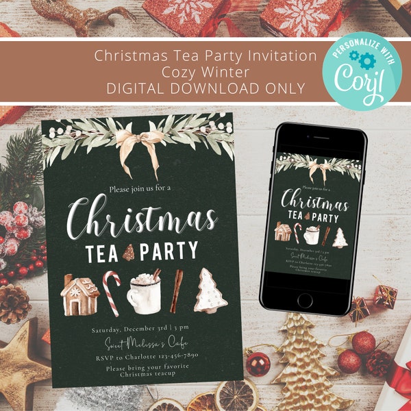 Holiday Tea Party Invitation |  Christmas party invite with candy cane and cookies | Print or send electronic invite | Digital Download Only