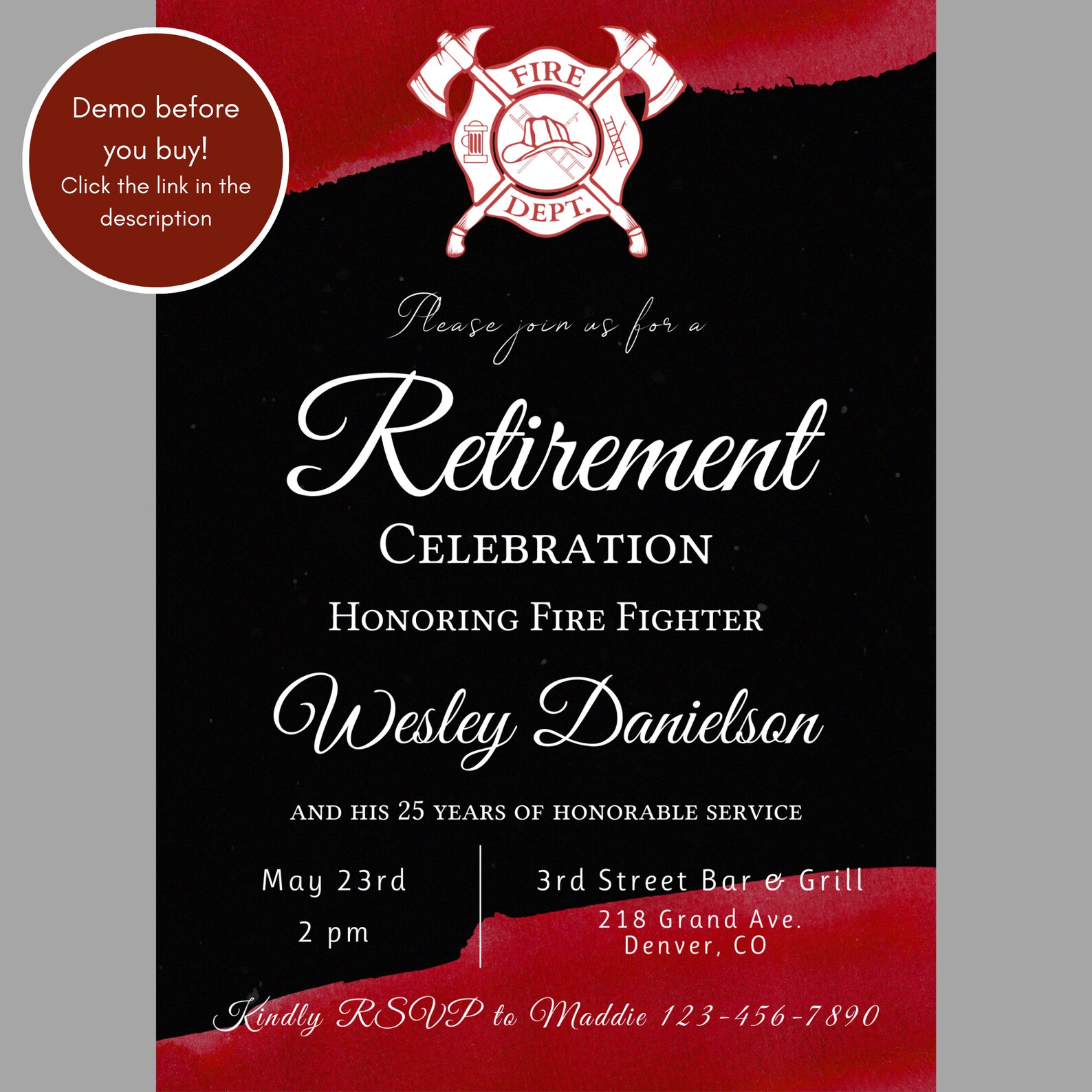 Retirement Party Invitation | Fire Services, Fire Fighter, Marshal, or ...