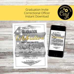 Correctional Officer Graduation Invitation Template | Badge and Gray Stripe | Gold | Print or send electronically | Digital Download Only